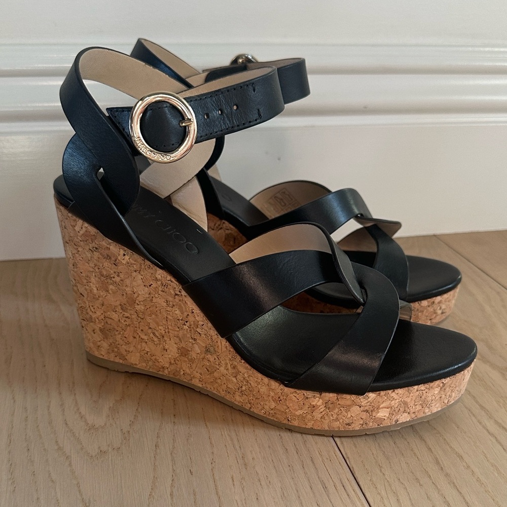 Jimmy Choo Aleili 100 Black Leather Wedge Sandals Size 39 NWT